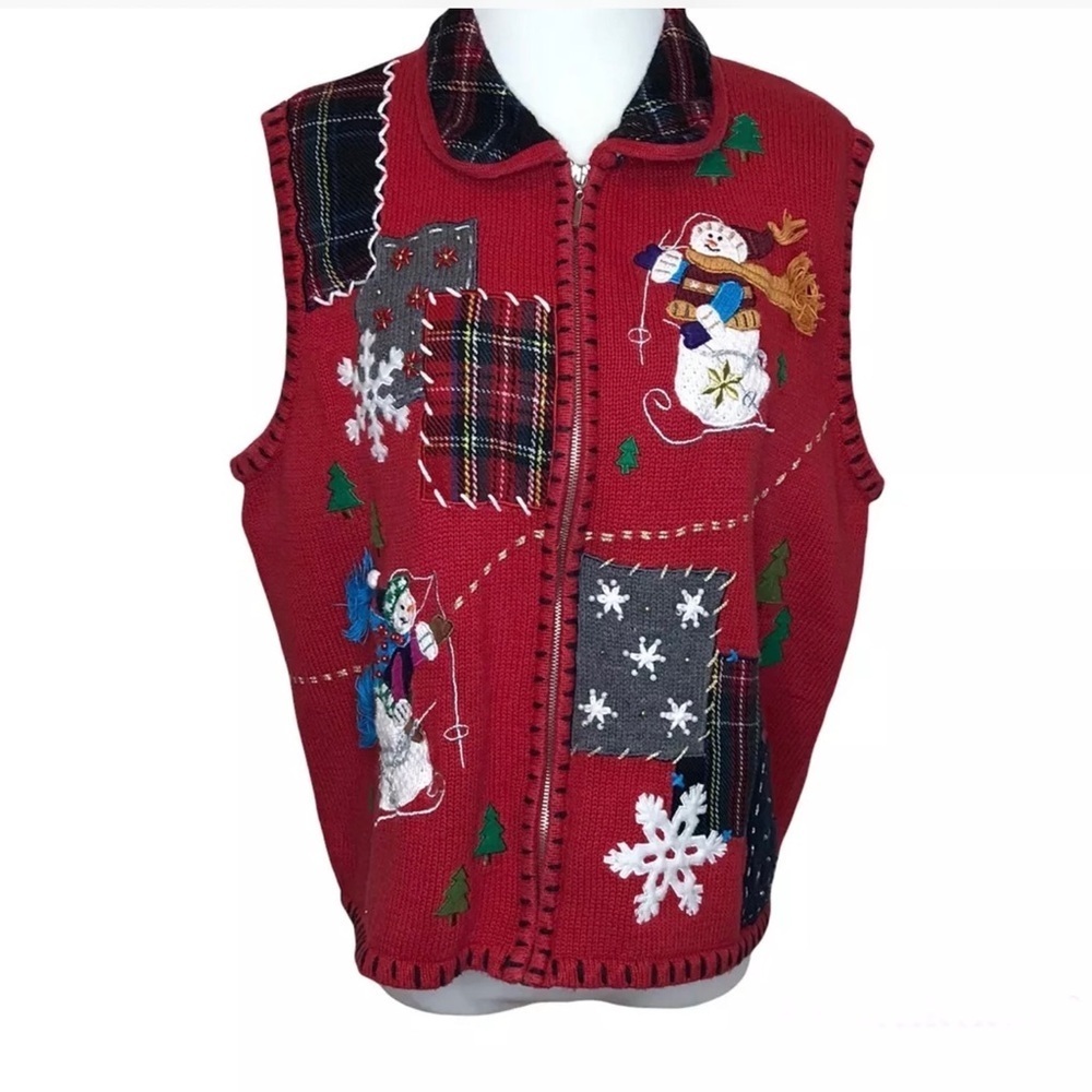 Designers Originals Studio‎ Womens Zip Up Sweater Vest Size XL Red Winter Joy